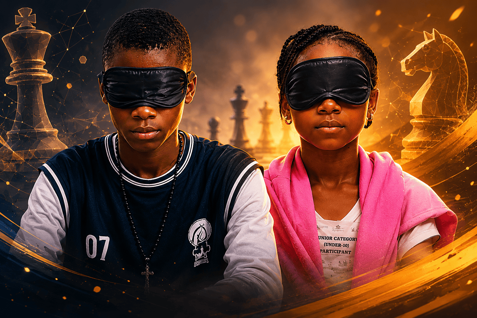 Both young players blindfolded during the Blindfold Chess Exhibition